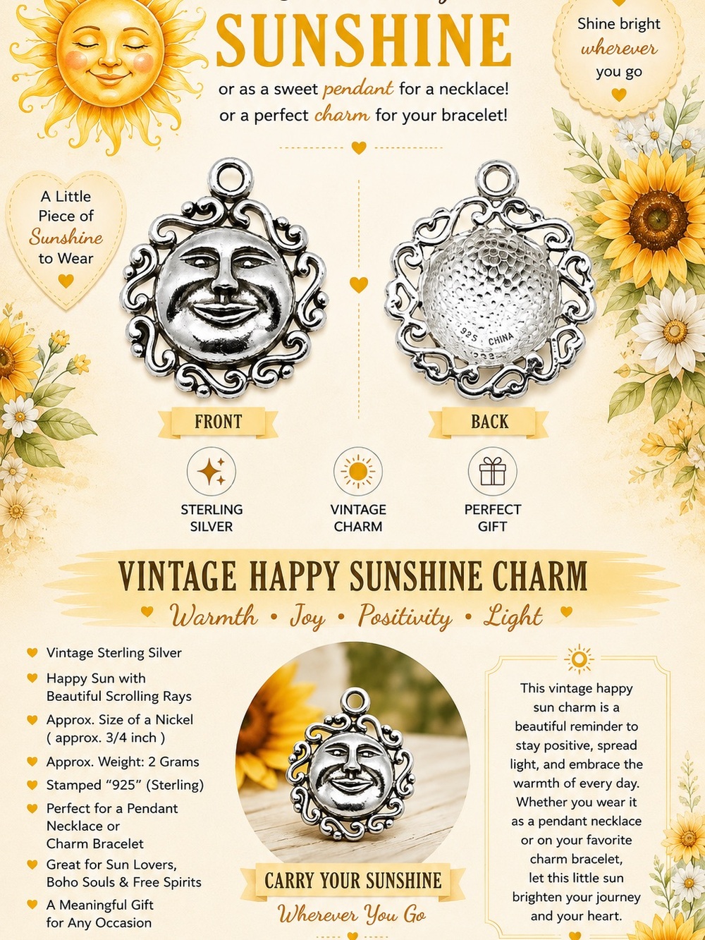 Vintage Happy Sunshine Sterling Silver Charm Pendant - Silver Sun Face